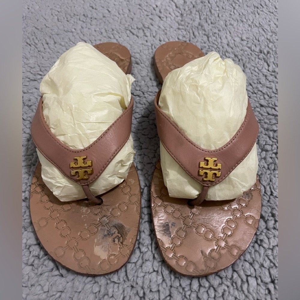 Tory Burch Pink Tan Logo Thong Sandals